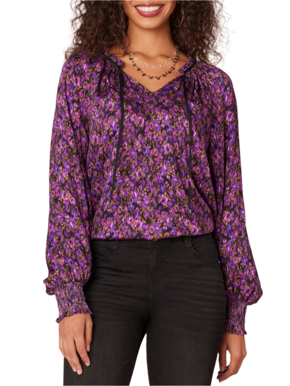 Democracy Womens Ruffle Edge V-Neck Floral Print Woven Long Sleeve Top Purple  L
